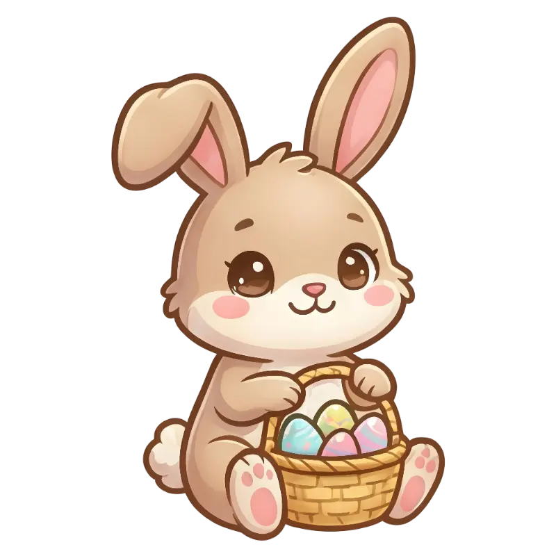 Cute Large-Eyed Bunny Holding Wicker Basket with Colorful Eggs