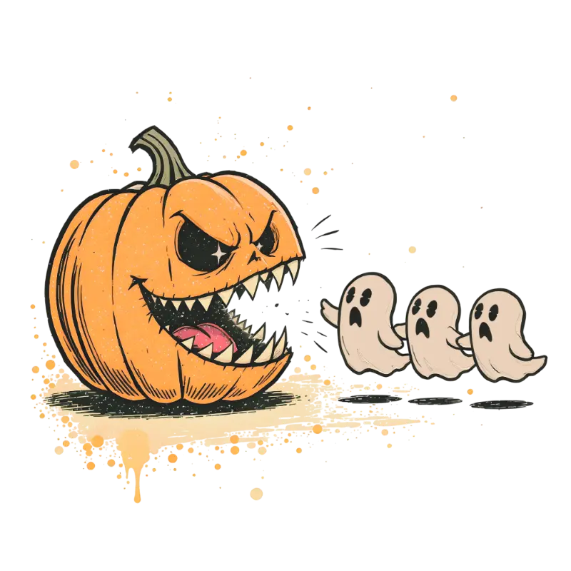 Distressed Cartoon Scary Pumpkin Chasing Ghosts Humorous Halloween Graphic