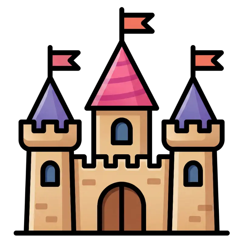 Playful Line Art Castle with Pink and Purple Conical Roofs