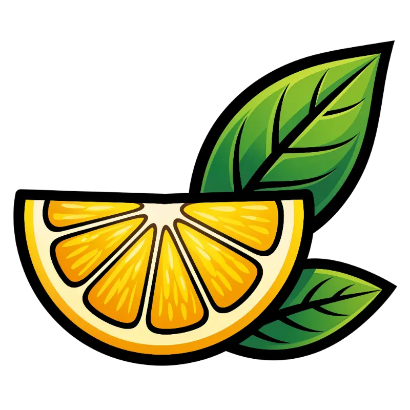 Vibrant Cartoon Lemon Slice with Detailed Green Leaves
