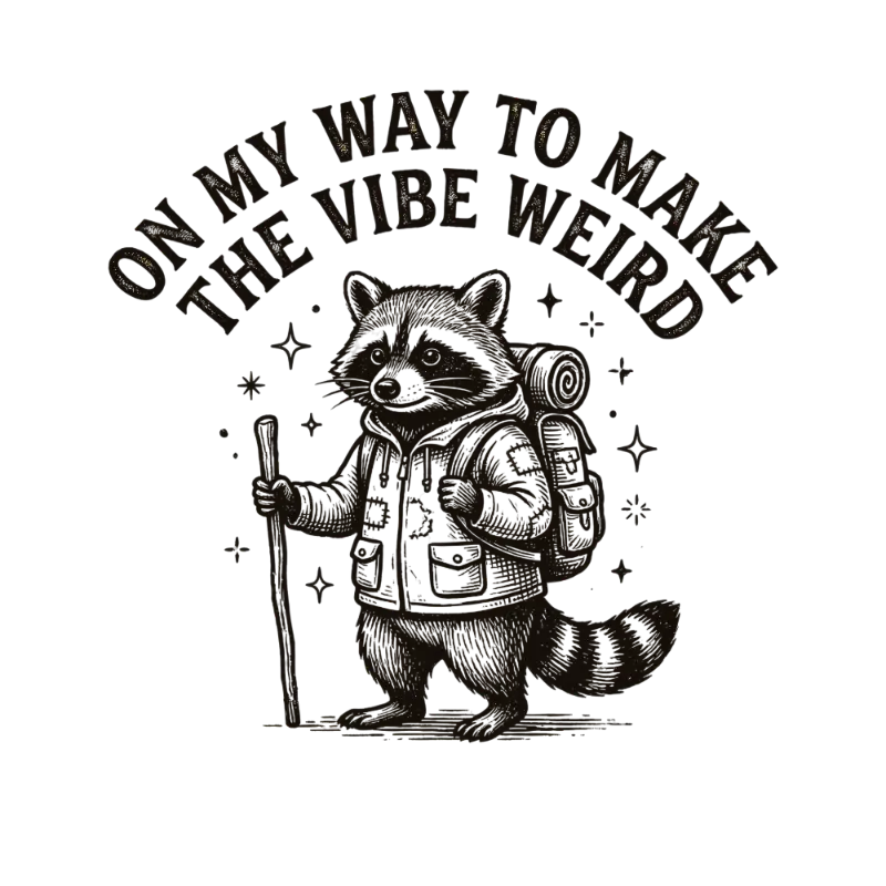 Distressed Hand-drawn Hiking Raccoon Graphic 'ON MY WAY TO HIRE WOLVES'