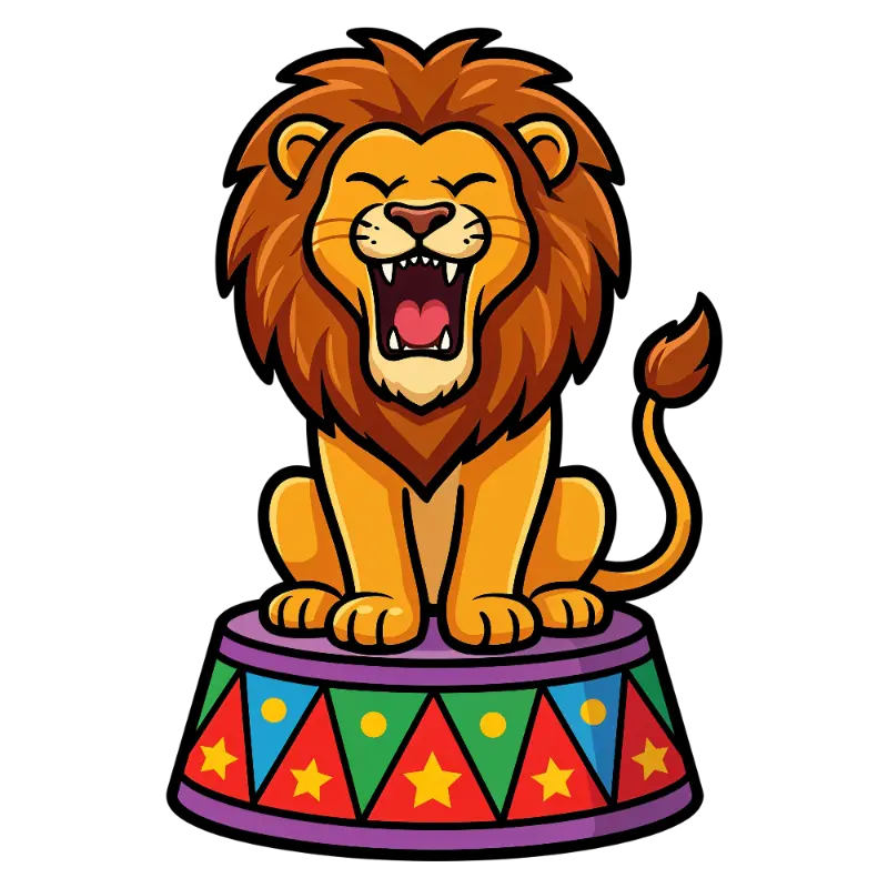Cheerful Cartoon Roaring Lion Character on Geometric Pedestal