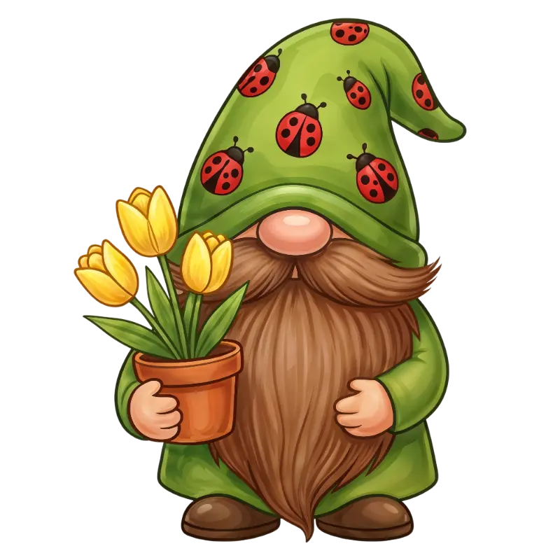 Whimsical Gnome with Ladybug Hat and Potted Yellow Tulips