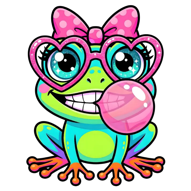 Vibrant Cartoon Frog with Heart Glasses and Polka Dot Bow Blowing Bubblegum