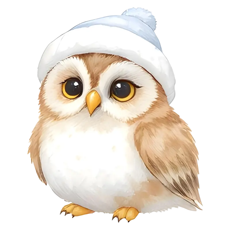 Cute Owl with Winter Hat Watercolor Chibi Illustration
