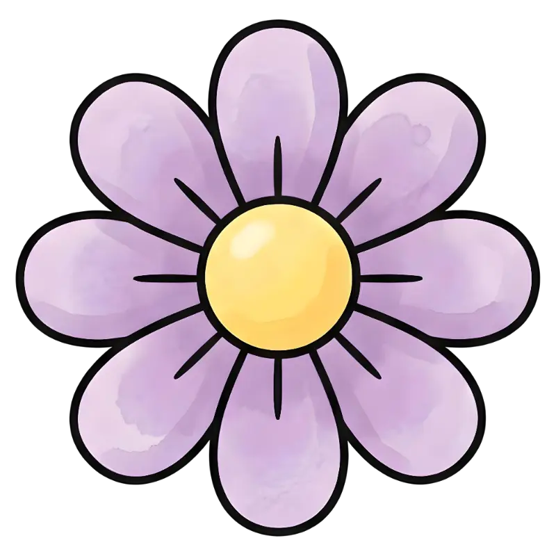 Cute Hand-drawn Watercolor Flower with Purple Petals and Yellow Center