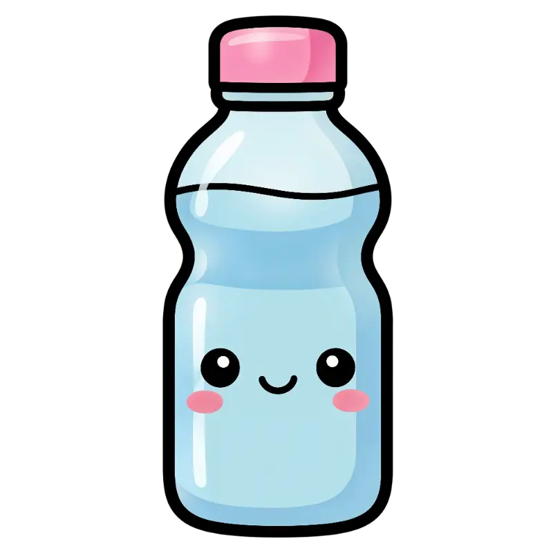 Kawaii Water Bottle Character with Smiling Face and Blush Cheeks