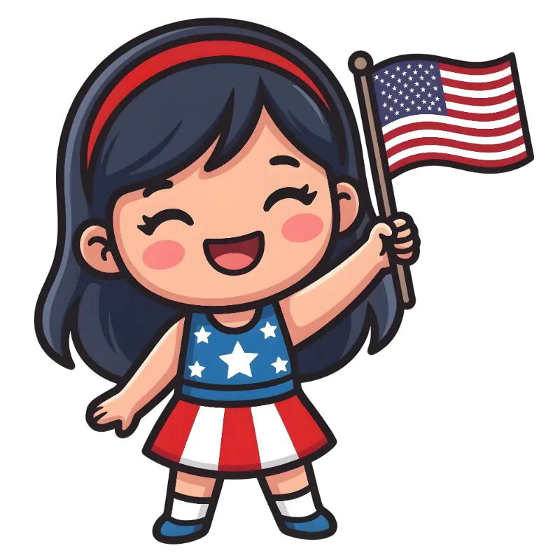 Smiling Cartoon Girl with American Flag and Red Headband