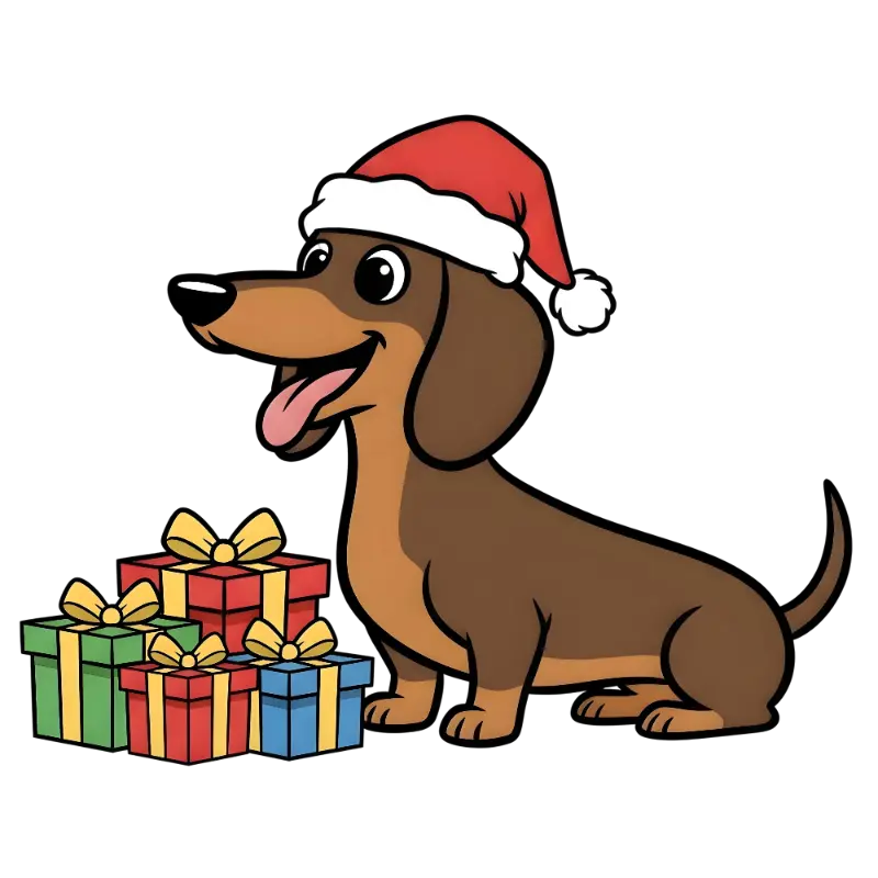 Cute Cartoon Dachshund Christmas Illustration: Santa Hat & Gifts