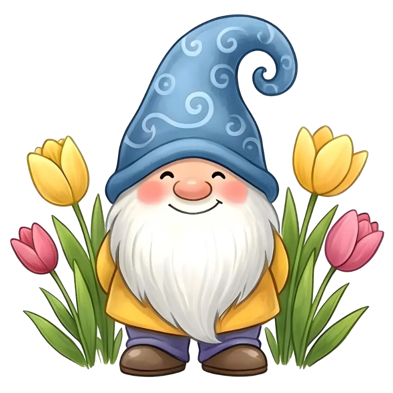 Cute Cartoon Happy Gnome with Tulips Illustration for Kids