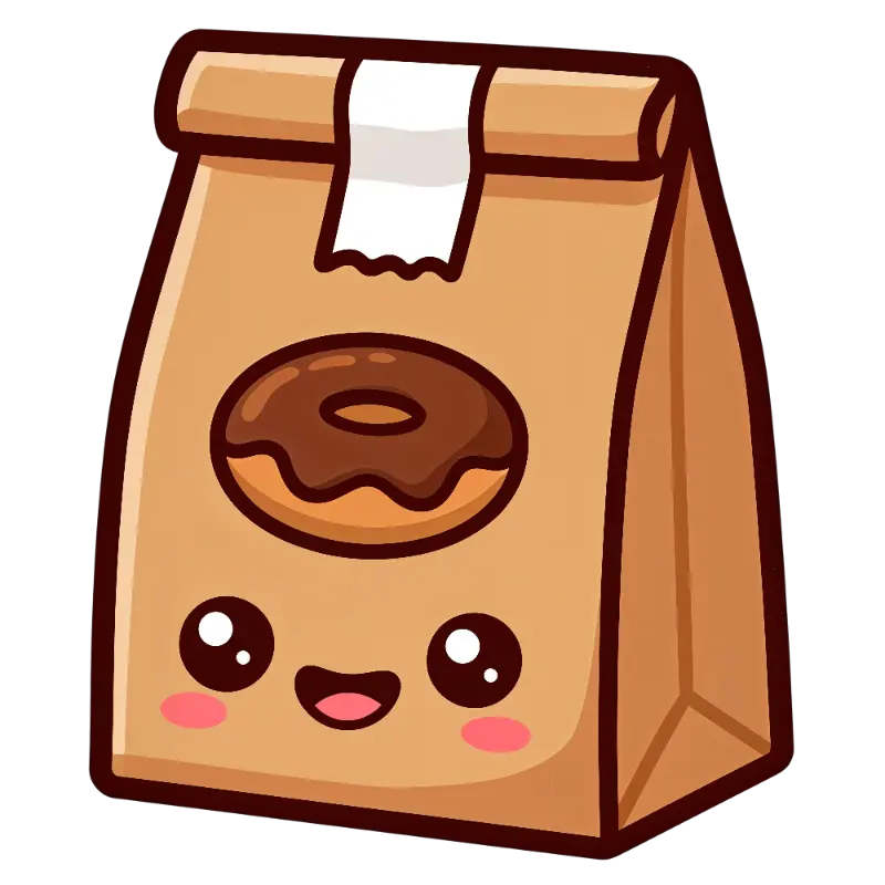 Playful Kawaii Paper Bag Character with Chocolate Donut