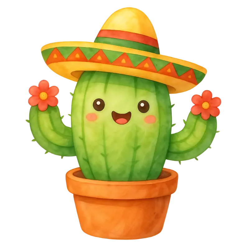 Kawaii Watercolor Cactus with Sombrero and Red Flowers