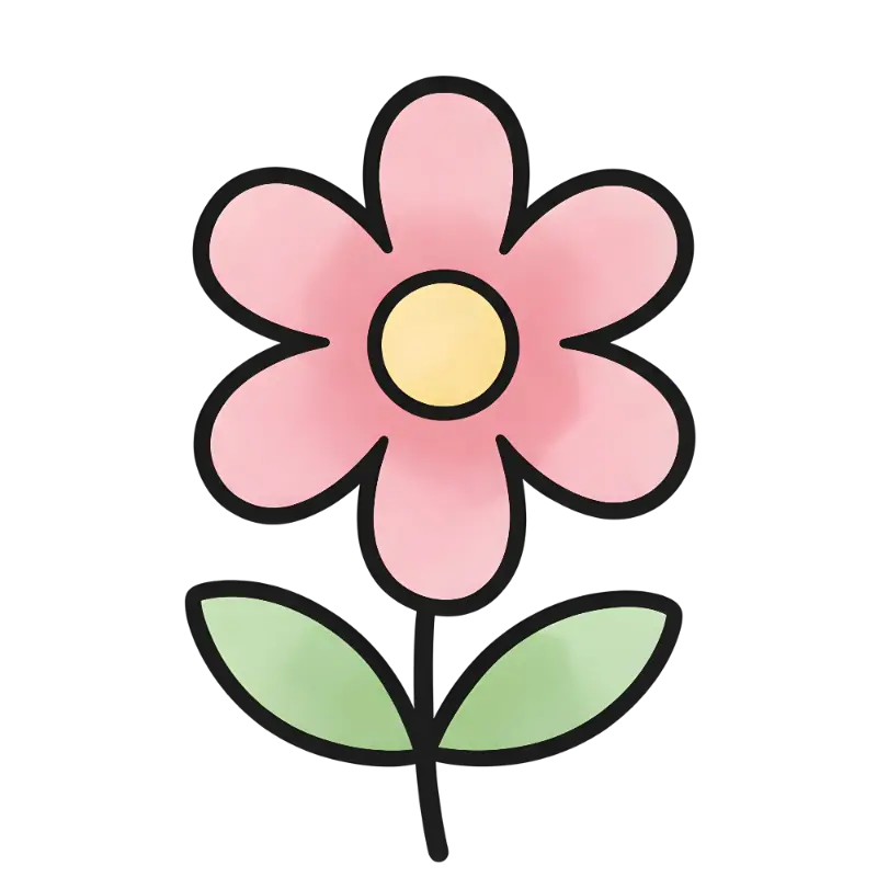 Cute Simple Drawing of a Pink Flower with Yellow Center and Green Leaves