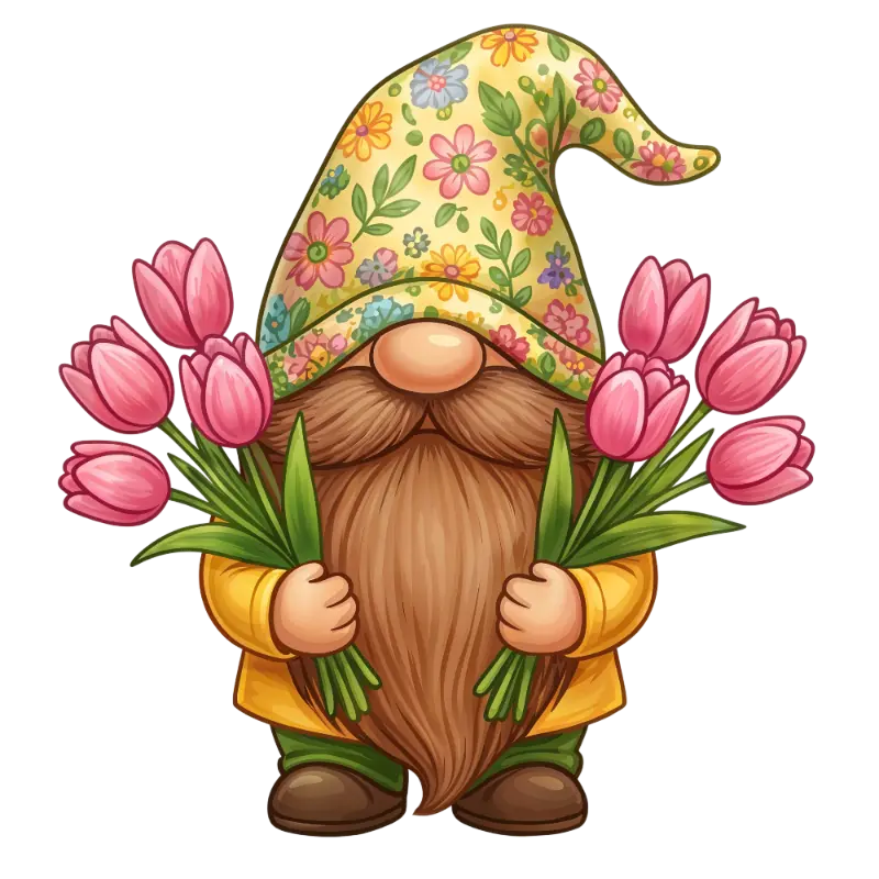 Cute Garden Gnome Holding Pink Tulips