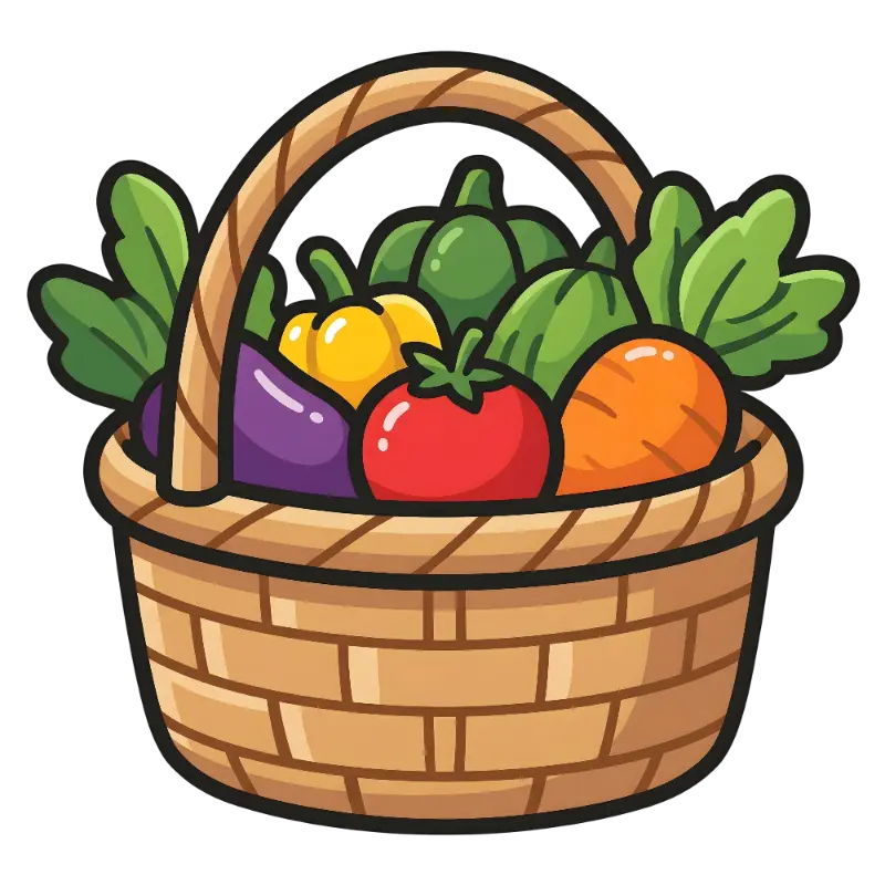 Cheerful Colorful Produce in Woven Basket Illustration