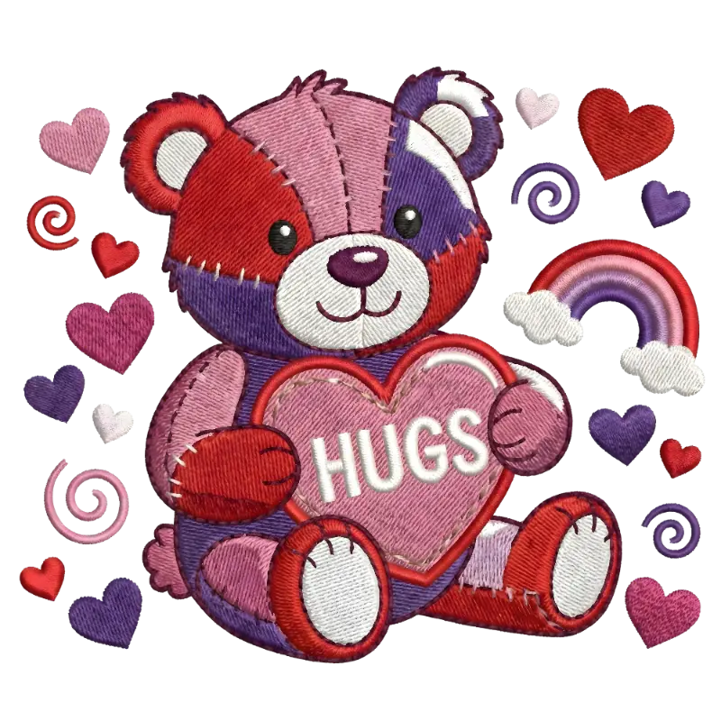 Embroidered Patchwork Teddy Bear HUGS Heart Design