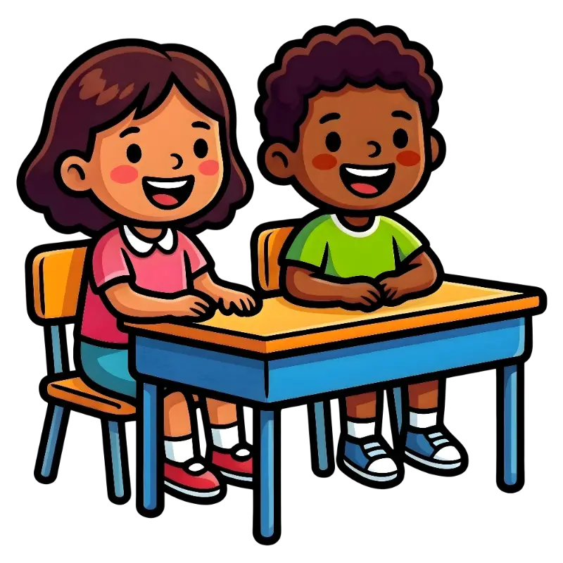 Happy Kids at School Desk Cartoon