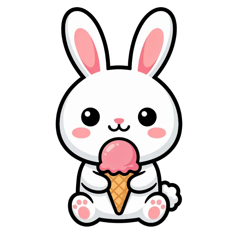 Kawaii Chibi Rabbit with Pink Ice Cream Cone Illustration