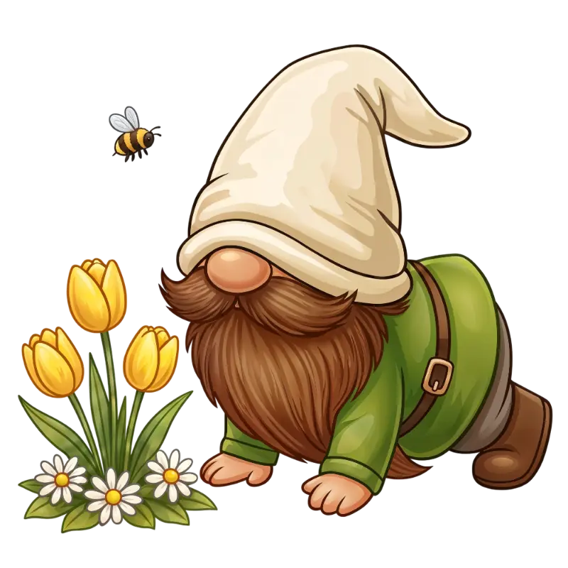 Playful Garden Gnome with Large Beard, Yellow Tulips, and Bee