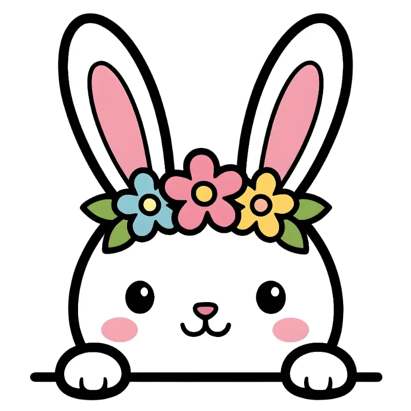Flat Line Art Peeking Bunny Character with Vibrant Flower Crown