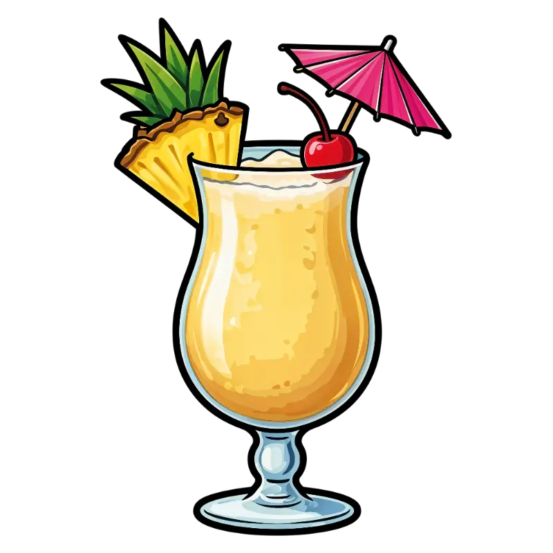 Cartoon Tropical Cocktail with Pineapple, Cherry, Umbrella