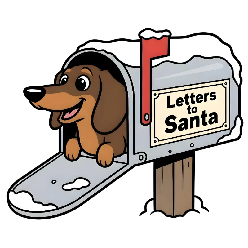 Cartoon Dachshund in Snowy Mailbox Sending Letters to Santa