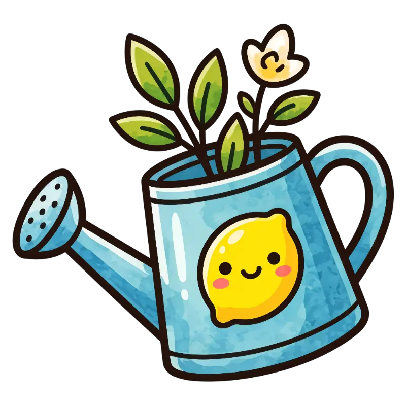 Kawaii Watering Can with Smiling Lemon and Plants