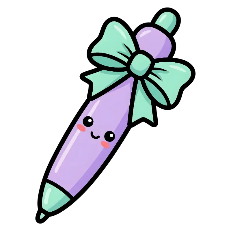 Line Art Kawaii Pastel Pen with Cute Bow and Blush Marks