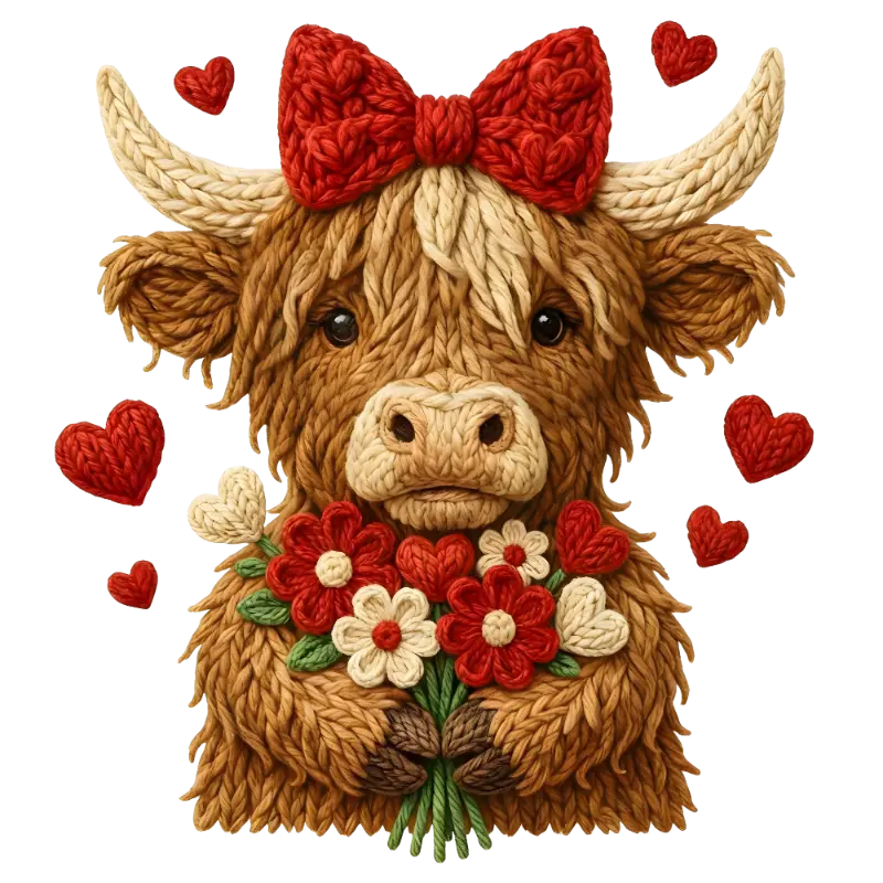 Cute Knitted Highland Cow with Bouquet and Hearts Valentine's Art