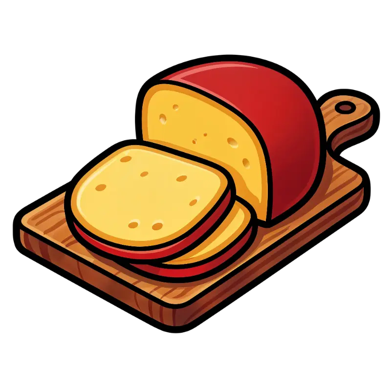 Cartoon Red Rind Cheese Wheel and Slices on Board