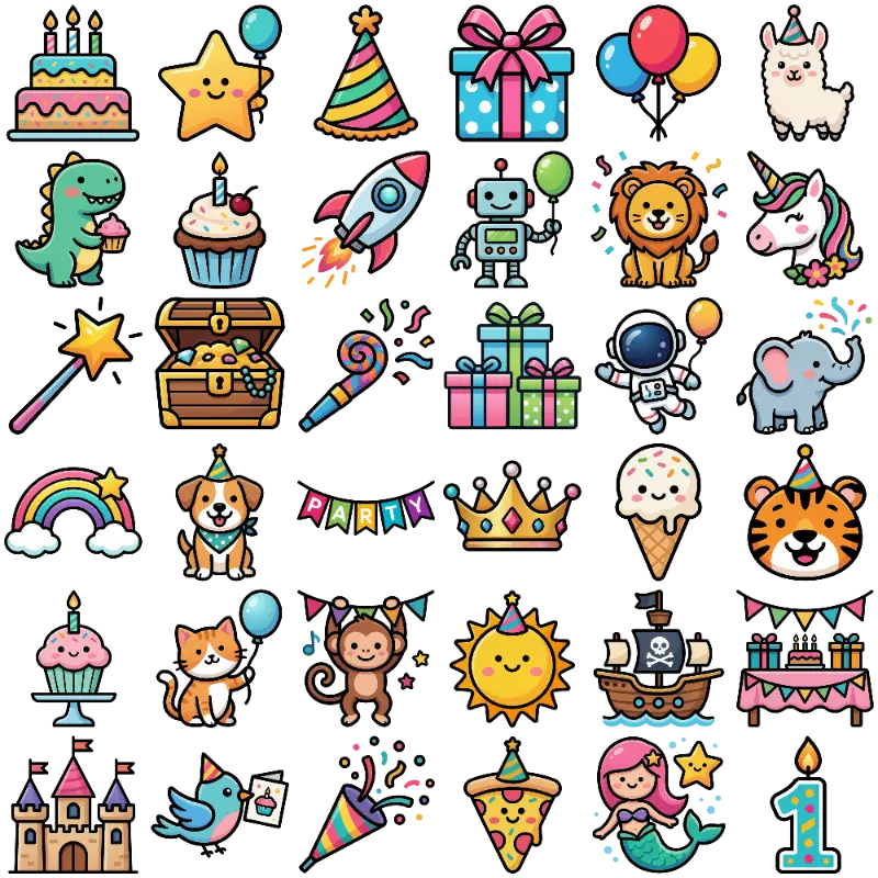 Bright Kawaii Animal and Party Object Illustration