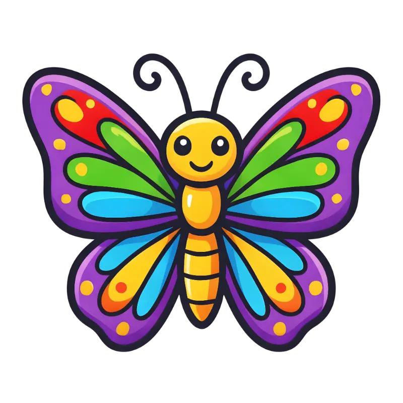 Cute Cartoon Smiling Butterfly with Multi-Colored Symmetrical Wings