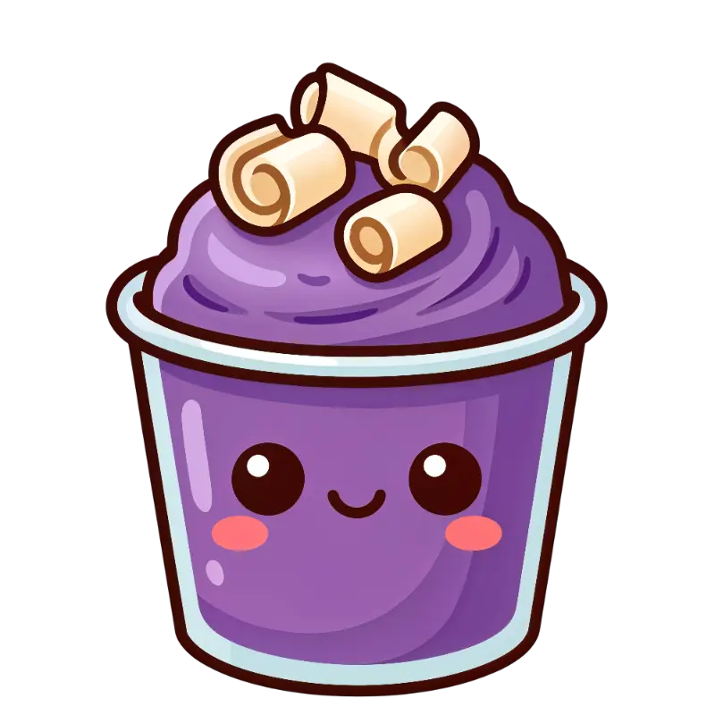 Kawaii Purple Ice Cream Cup with Chocolate Shavings Cartoon Illustration