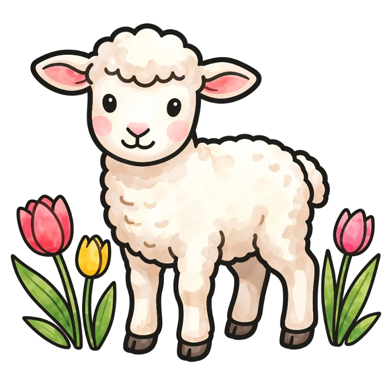 Cute Watercolor Baby Lamb with Pink Cheeks and Tulips