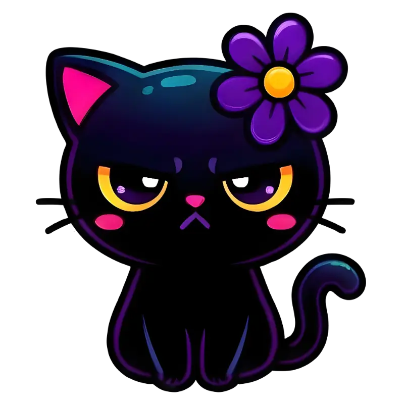 Cartoon Black Cat with Exaggerated Eyebrows and Purple Flower