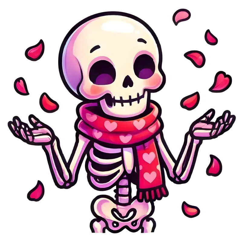 Blushing Skeleton Illustration with Heart Scarf and Petals