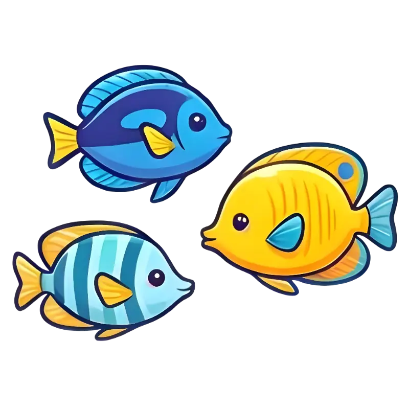 Playful Cartoon Fish Trio with Vibrant Colors and Big Eyes