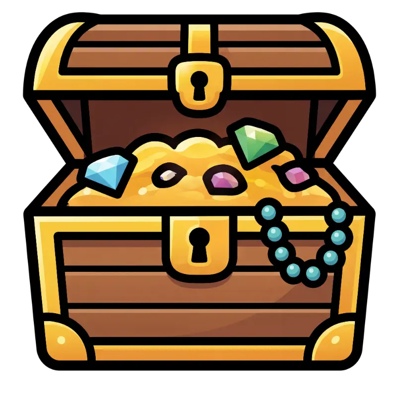 Cartoon Rich Treasure Chest with Gold, Gems, and Blue Pearl Necklace