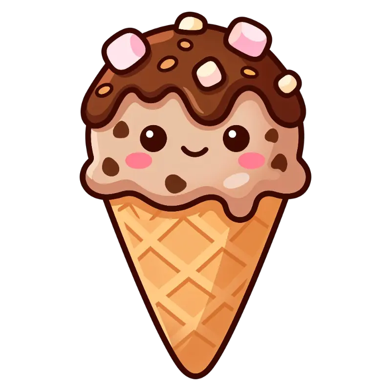 Kawaii Happy Ice Cream Cone with Chocolate Drizzle and Marshmallows