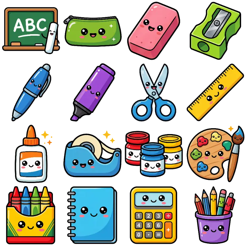 Playful Kawaii School Supply Characters