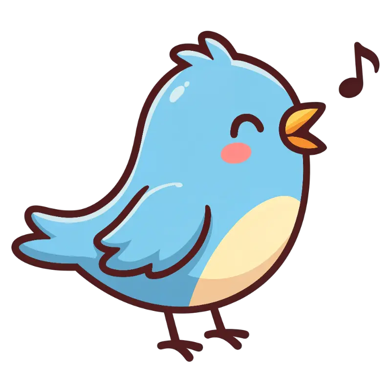 Kawaii Blue Bird Character Singing with Closed Eyes and Blush