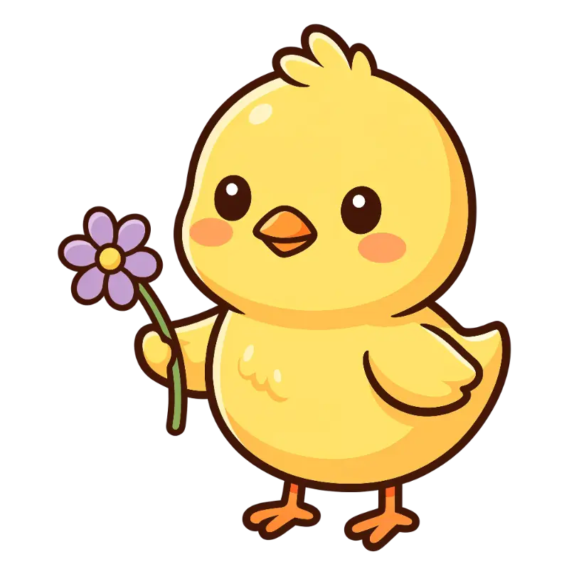 Kawaii Chick Character with Rosy Cheeks Holding a Purple Flower