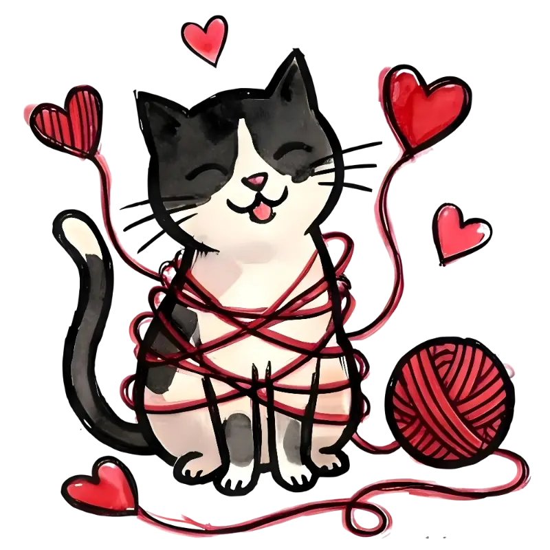 Watercolor Cute Cat Tangled in Yarn with Hearts Illustration