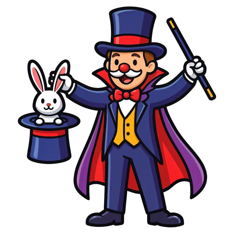 Energetic Cartoon Magician with Rabbit and Red Nose