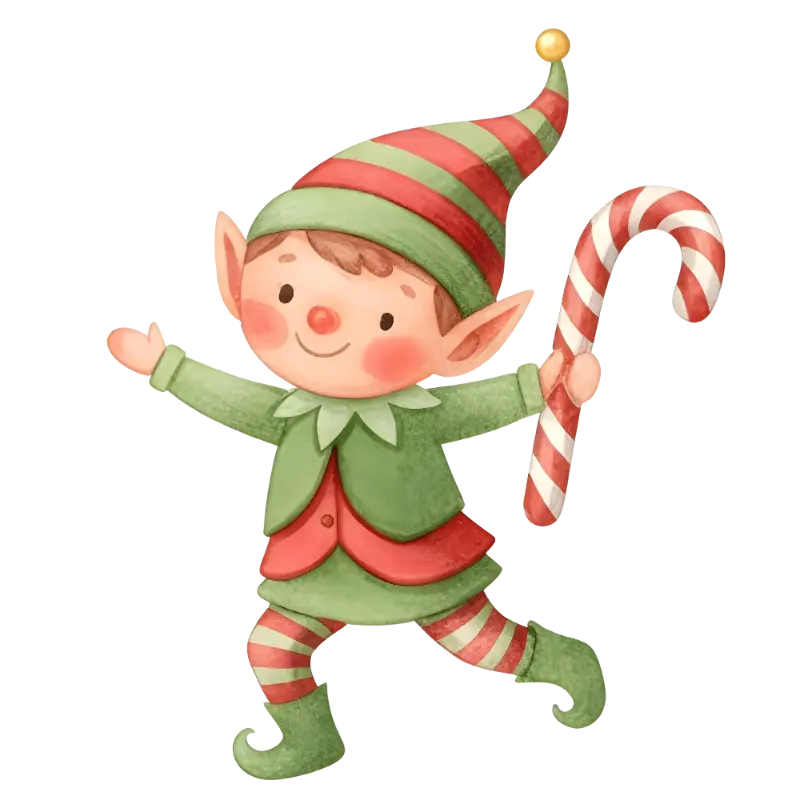 Watercolor Christmas Elf with Candy Cane Festive Children's Illustration
