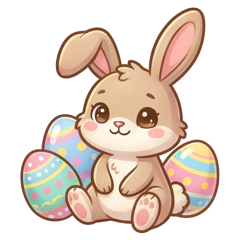 Cute Kawaii Bunny Illustration with Pastel Easter Eggs