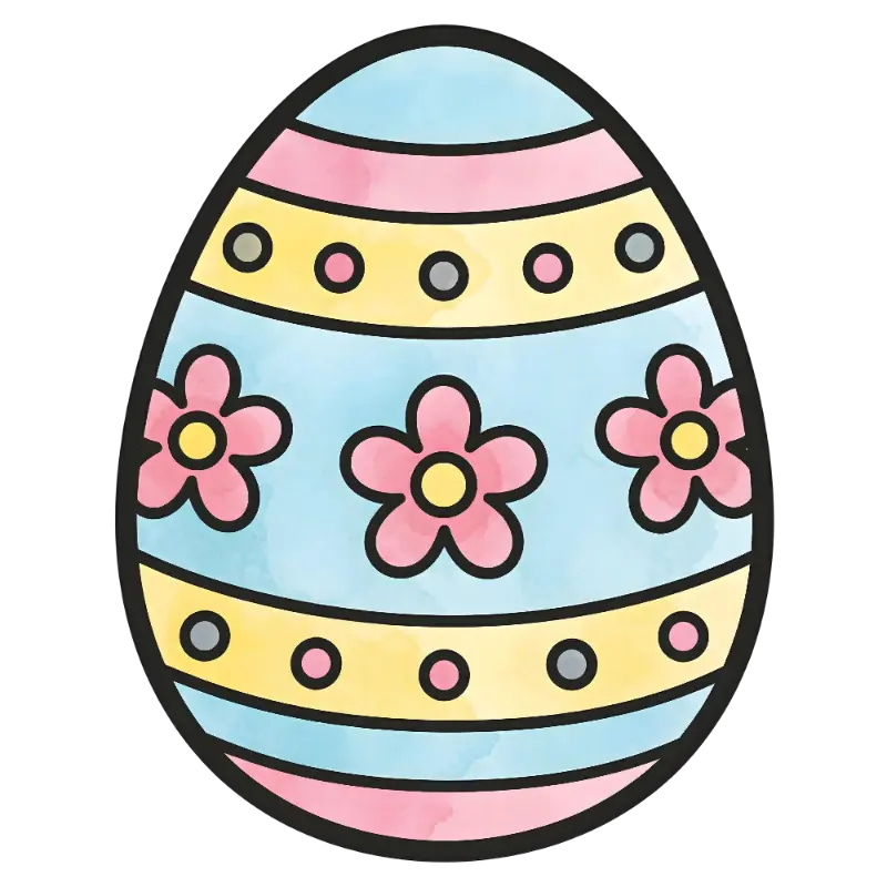 Cartoon Pastel Striped Floral Dotted Easter Egg with Black Outlines