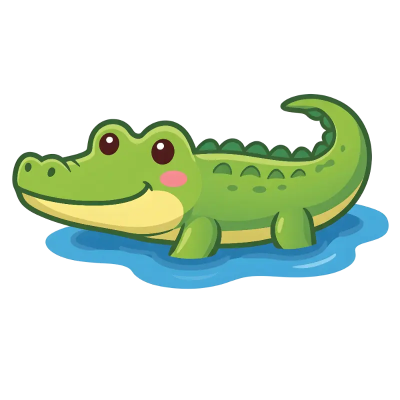 Kawaii Smiling Alligator Character with Pink Cheeks in Water
