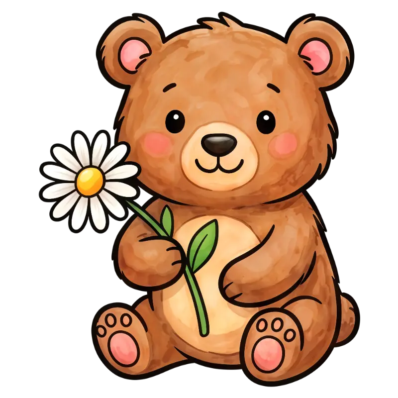 Playful Watercolor Bear with Blush Cheeks and Daisy Flower