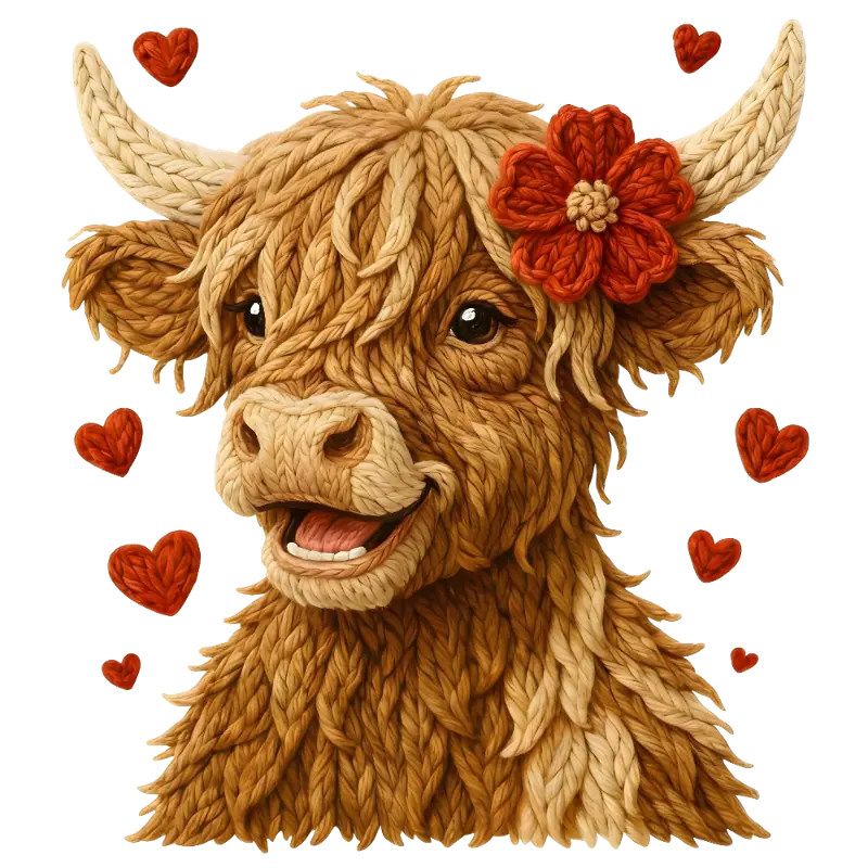 Cute Knitted Highland Cow Head Illustration with Red Flower Hearts